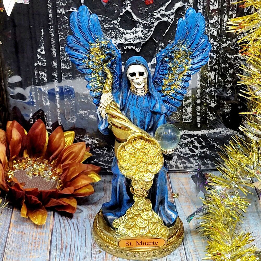 SANTA MUERTE Blue Statue 8" With Money Cone Holy Death statue Grim Reaper Wings